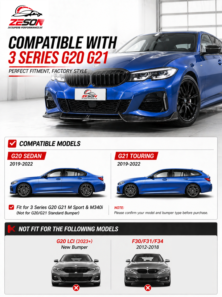 2019-2022 G20/G28 BMW 3 Series Pre-LCI (330i/M340i M Sport) Carbon Fiber Front Lip - AD Style | Splitter & Chin Spoiler — photo 2