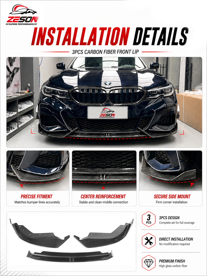 2019-2022 G20/G28 BMW 3 Series Pre-LCI (330i/M340i M Sport) Carbon Fiber Front Lip - AD Style | Splitter & Chin Spoiler — photo 4