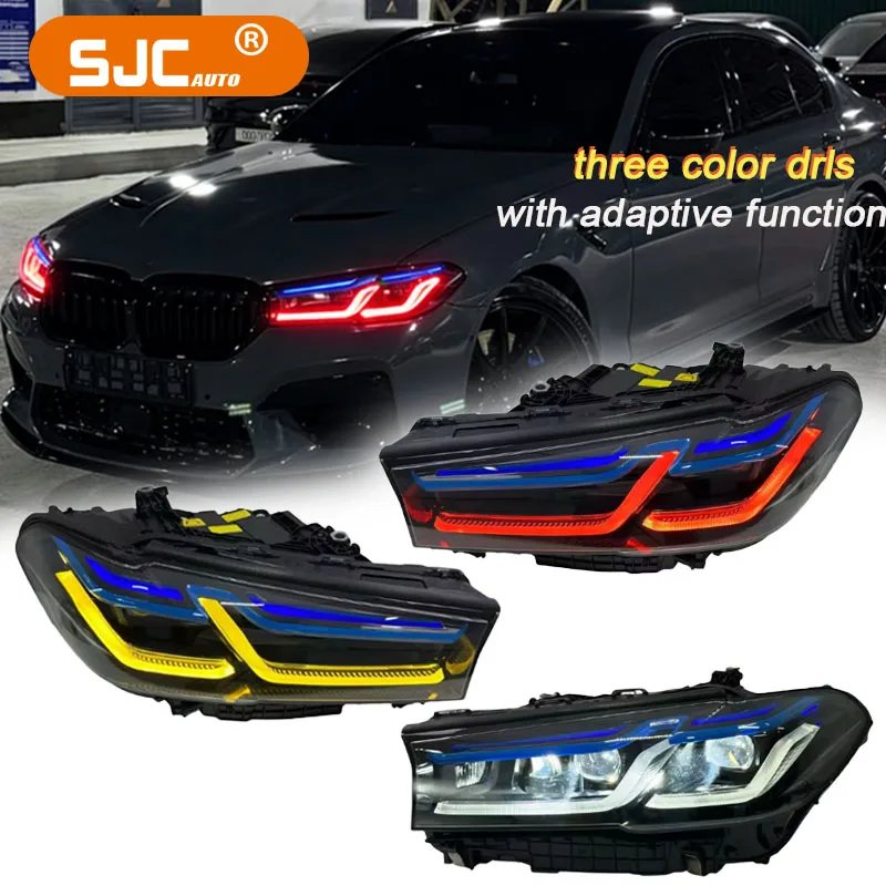 Auto Triple-color Headlights For Bmw 5 Series G30 G38 Lci 2021-2023 Led Front Lamps Yellow White