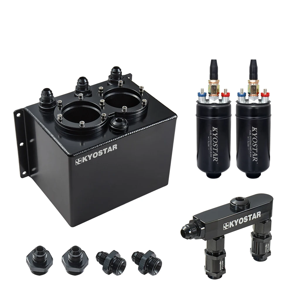Black Universal Kyostar Surge Tank 3l Aluminum Highflow Fuel Swirl Pot Tank With Fuel Rail For Dual 044 Fuel Pump 300lph