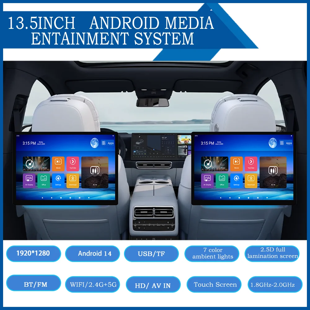 Car Rear Entertainment System 13.5" Rotating Android Car Headrest Monitor With Wifi Usb 4k Hd Touch
