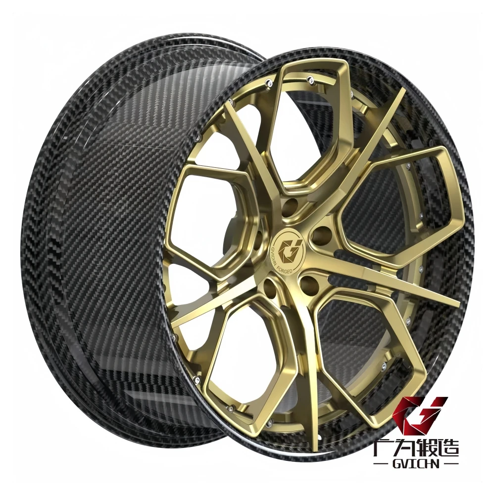 Custom Carbon Fiber Forged Wheels 20 21 22 23 24 Inch Two Pieces Center Face Brushed Gold Barrel