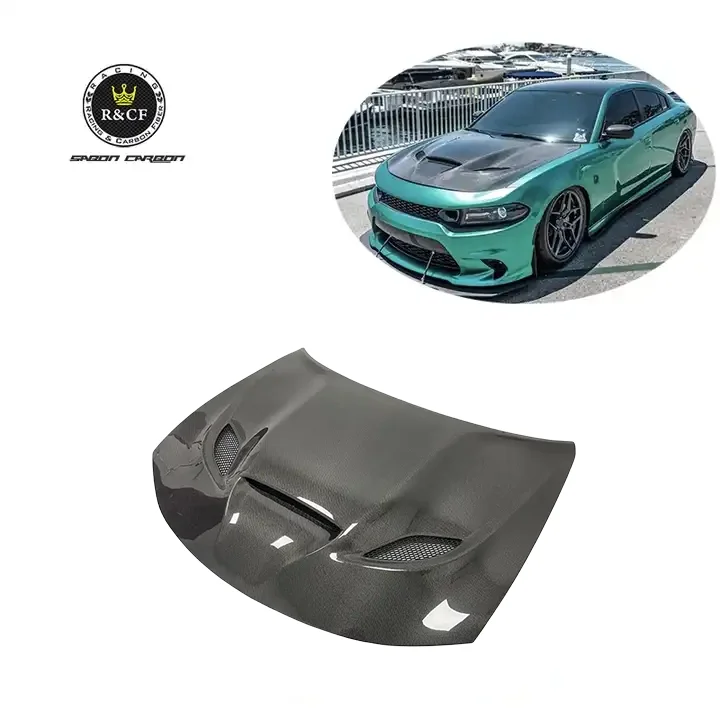 Hellcat Style Carbon Fiber Front Hood Bonnet With Vents For Dodge Charger SRT 2015-2021