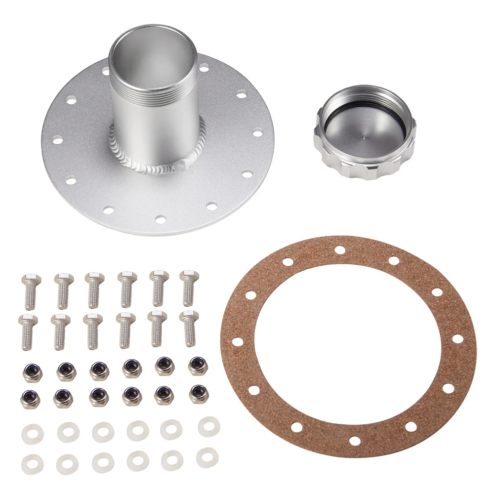 Silver Anodized Billet Aluminum Universal Straight Fuel Cell Cap Fast Fill Filler Neck 12 Bolt Flange Filler Neck